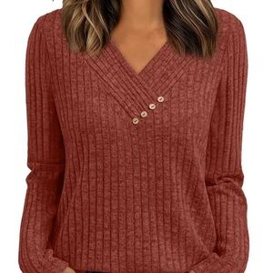 Cozy V-Neck Button Detail Women's Sweater - Rust
